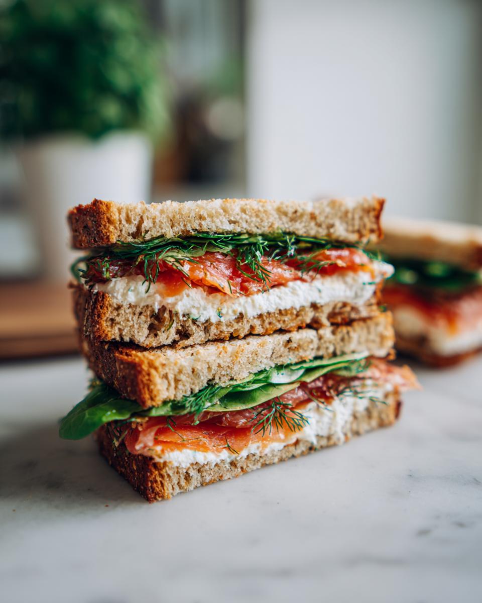 Close-up of stacked Smoked Salmon Soda Bread Sandwiches with cream cheese and dill.