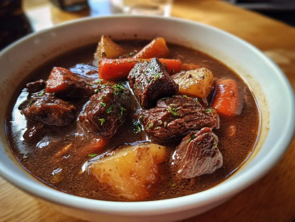 Close-up of a bowl of Spicy Guinness Beef Stew with beef chunks, carrots, and potatoes.