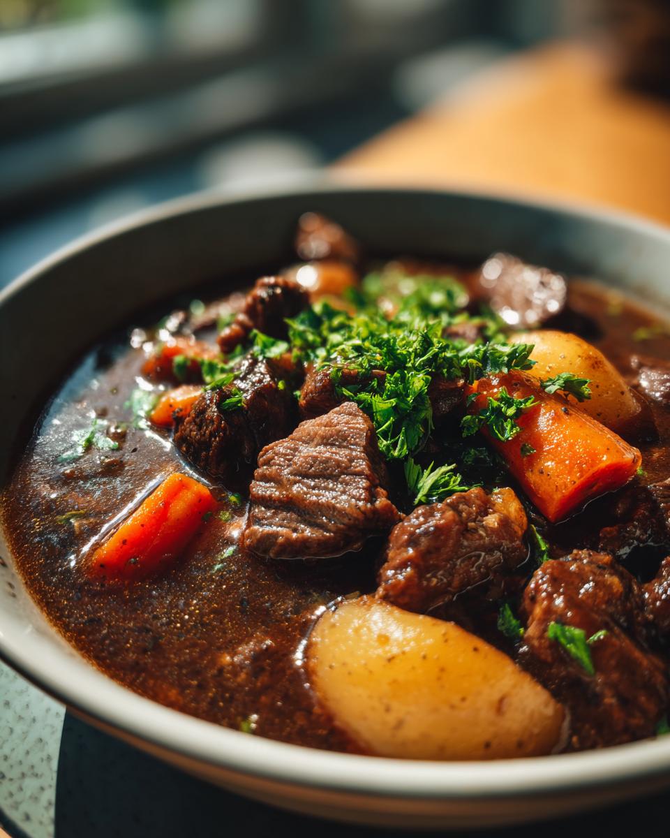 Close-up of a bowl of Spicy Guinness Beef Stew with beef, carrots, potatoes, and herbs.
