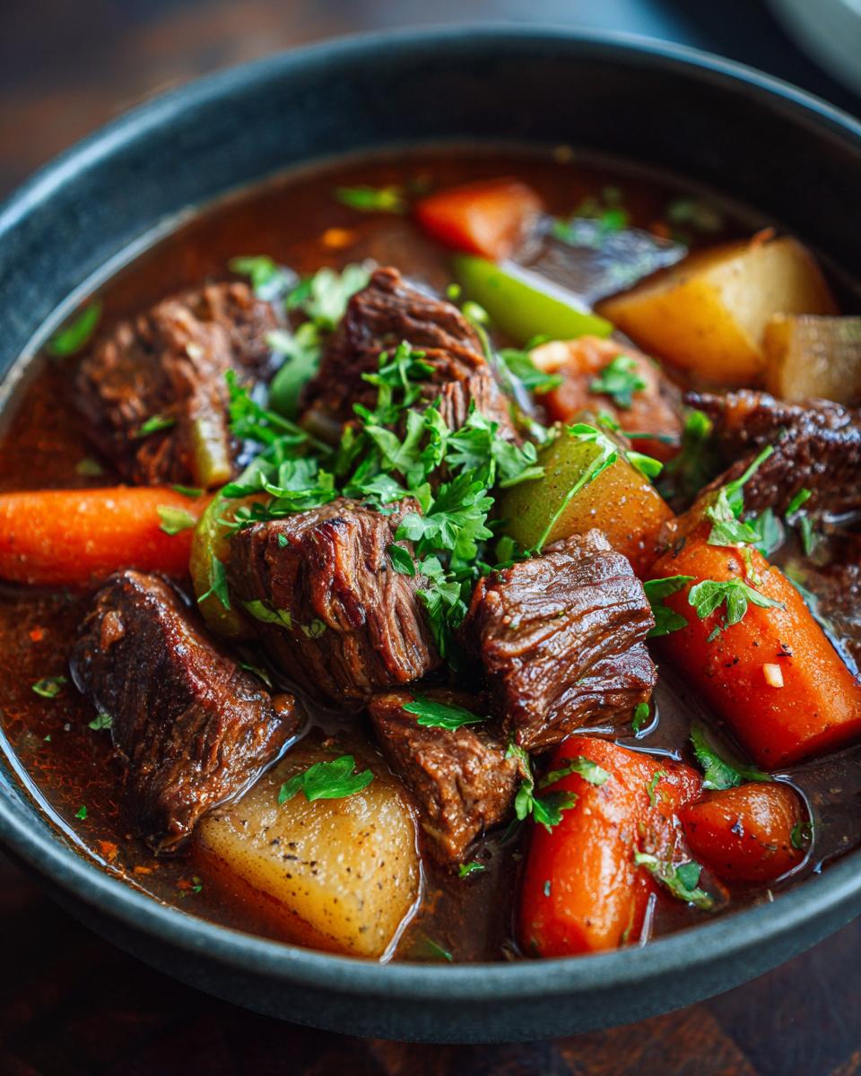 Close-up of a bowl of Spicy Guinness Beef Stew with carrots, potatoes, and beef.