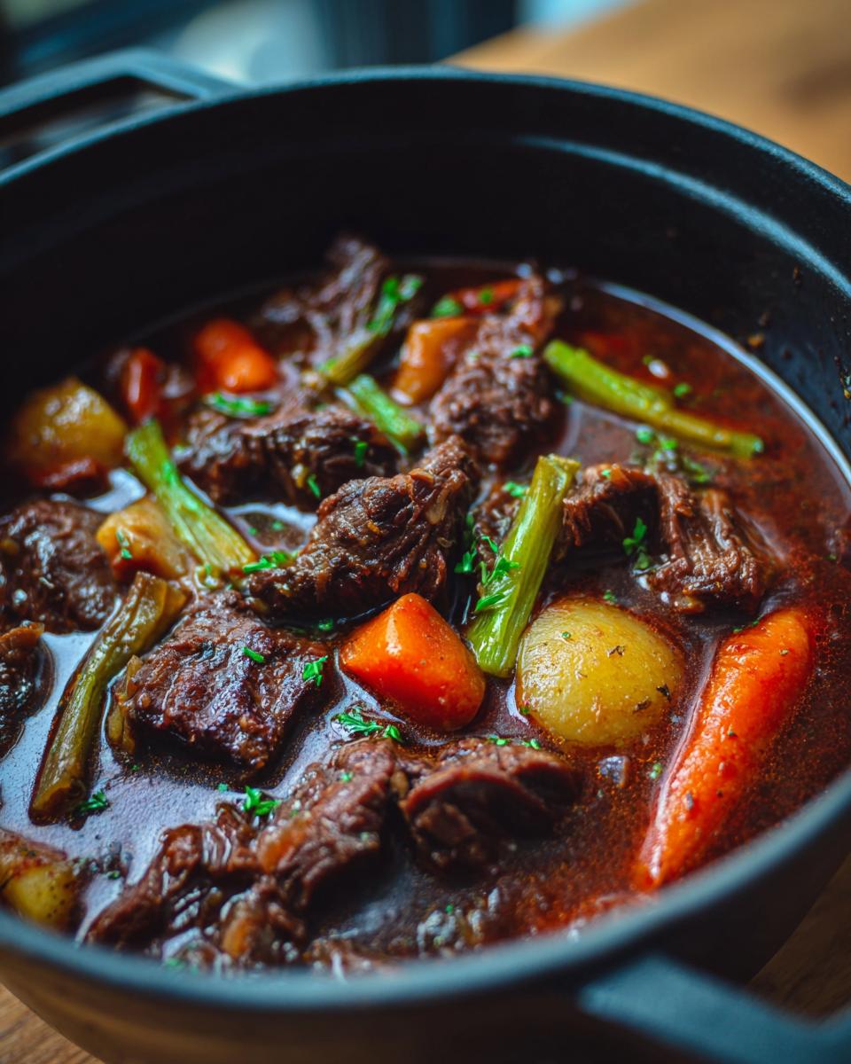 Close-up of Spicy Guinness Beef Stew in a black pot, showing beef, carrots, and potatoes.