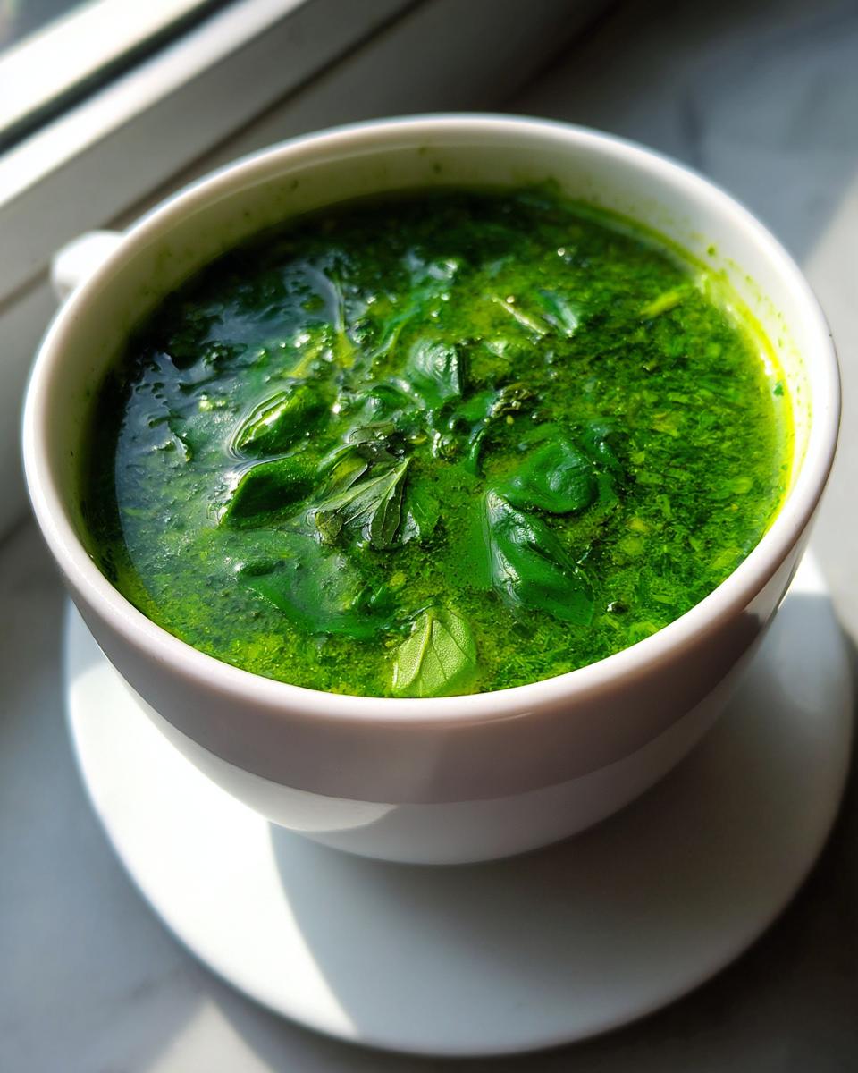 Close-up of a bowl of delicious Spinach and Herb Broth, a healthy and flavorful soup.