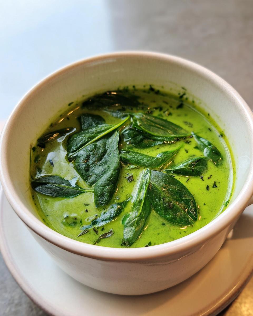Close-up of a bowl of Spinach and Herb Broth, a vibrant green soup.