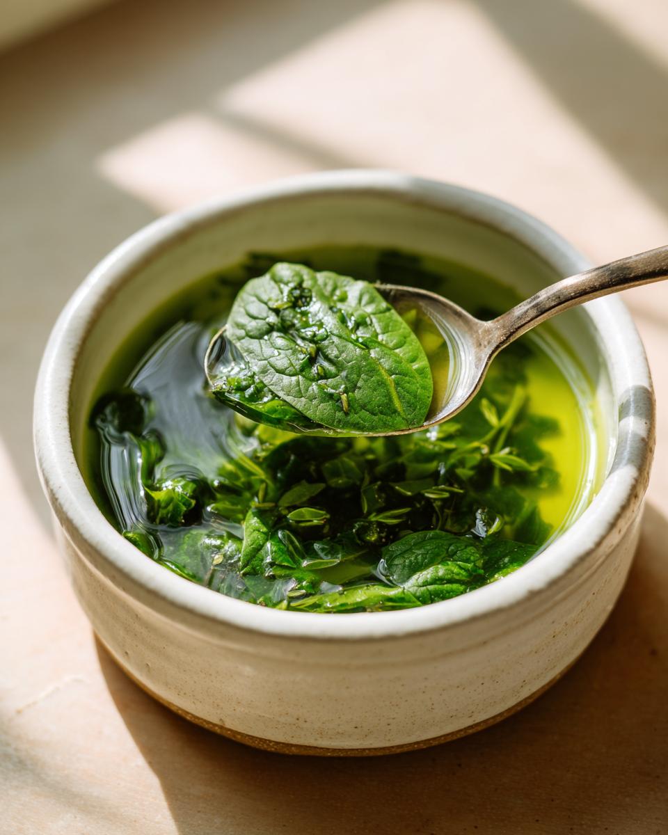 Close-up of a bowl of Spinach and Herb Broth with a spoon holding a spinach leaf.