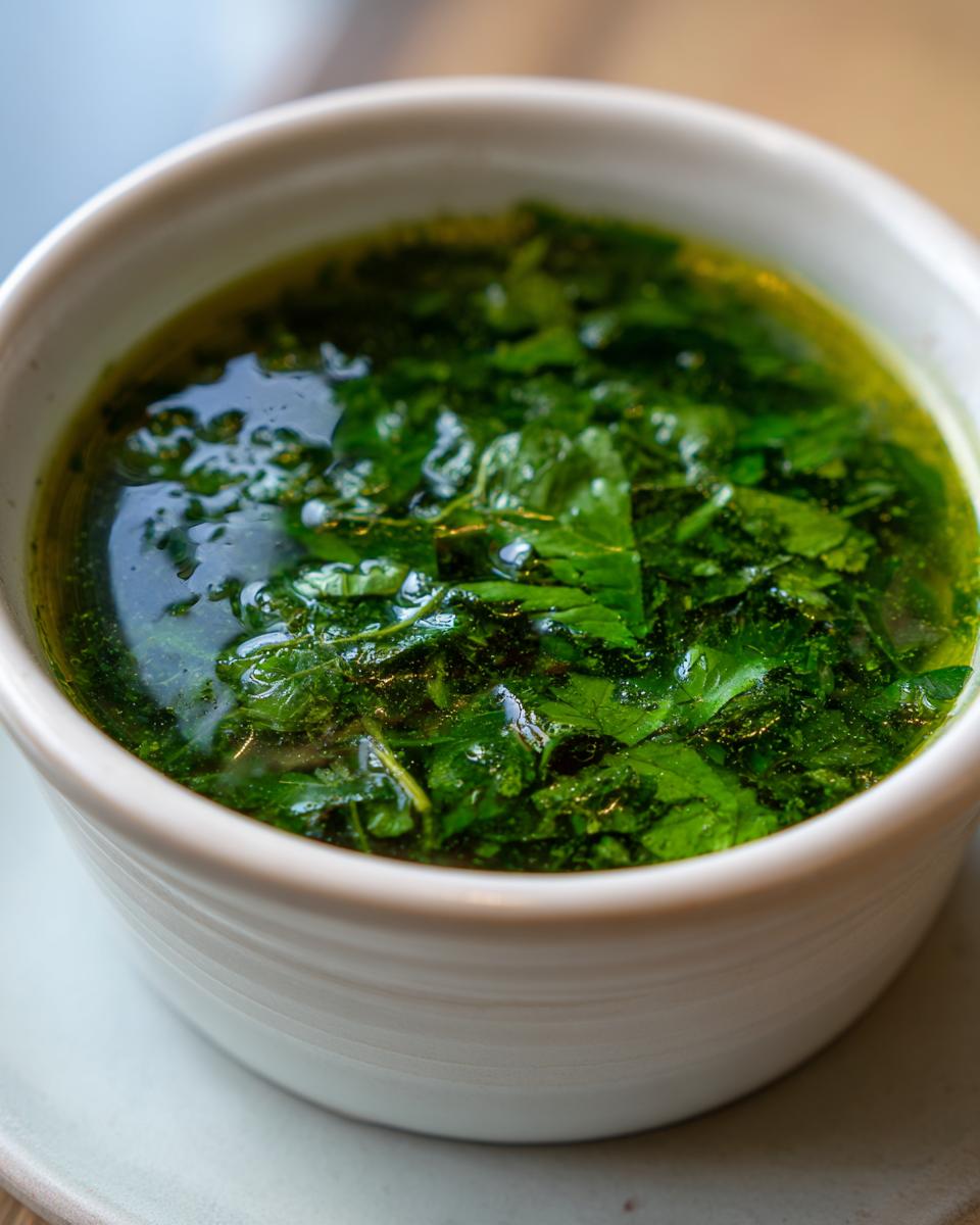 Close-up of a bowl of fresh Spinach and Herb Broth, showing vibrant green herbs.