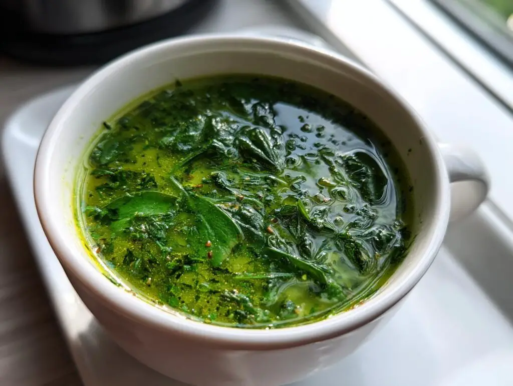 Close-up of a bowl of delicious Spinach and Herb Broth, a healthy and flavorful soup.