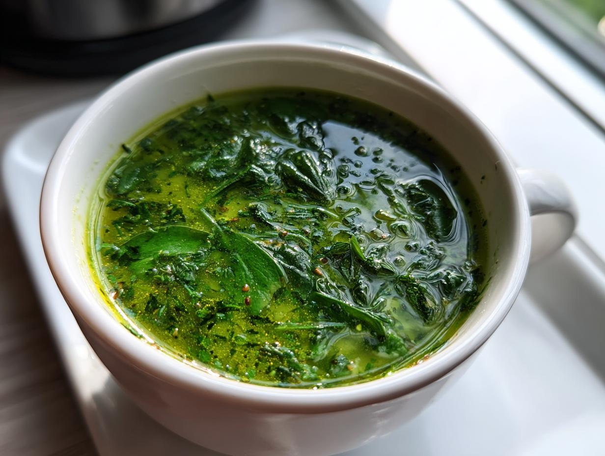 Close-up of a bowl of delicious Spinach and Herb Broth, a healthy and flavorful soup.