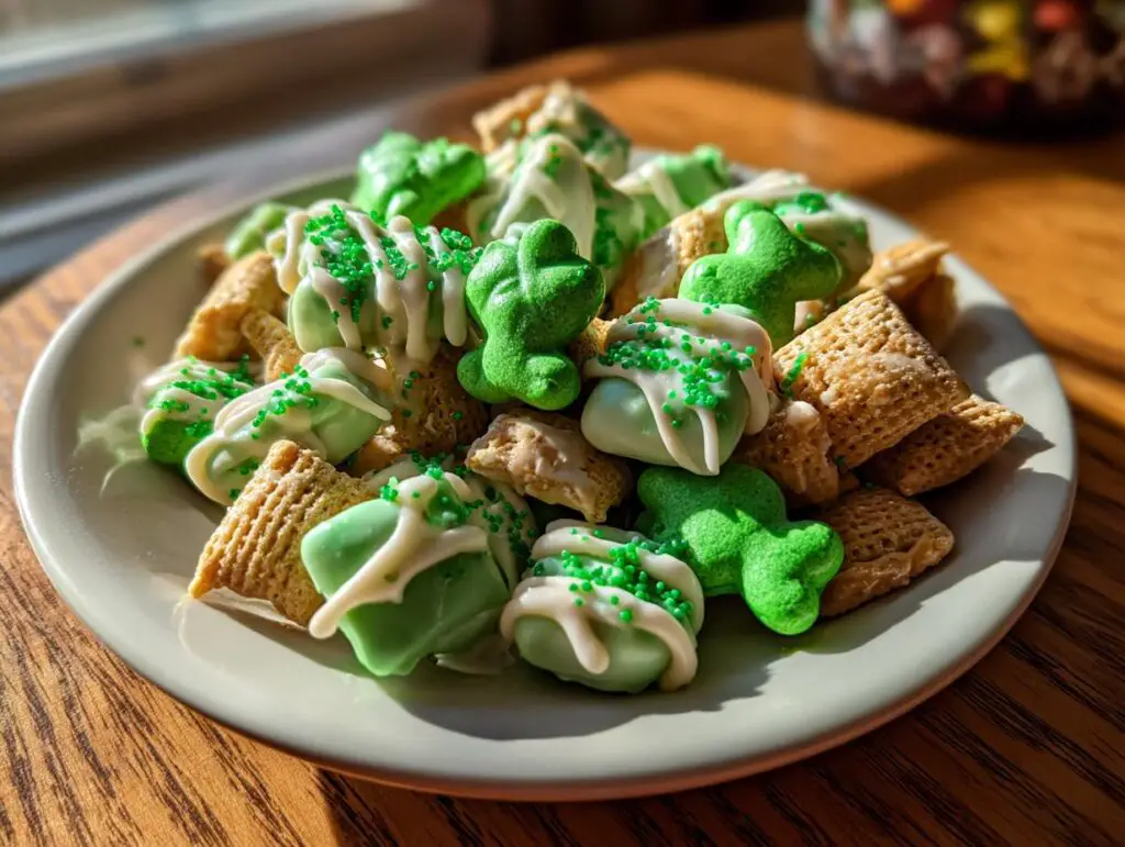 Close-up of a plate with St. Patrick's Day Animal Cracker Mix, with green and white decorations.