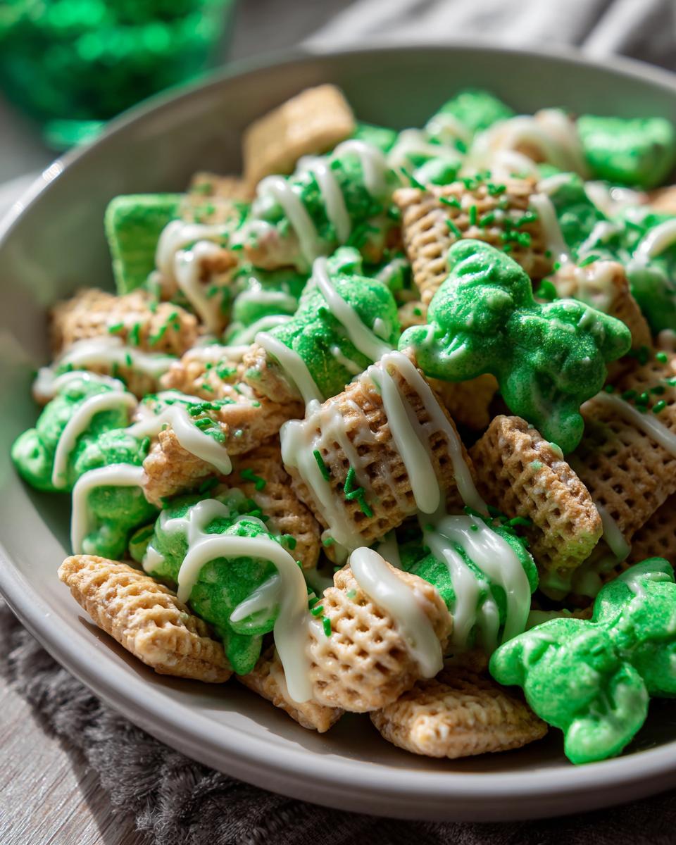 Easy 4-Step St. Patrick’s Day Animal Cracker Mix! 3 Close-up of a bowl filled with St. Patrick's Day Animal Cracker Mix, drizzled with icing and sprinkles.