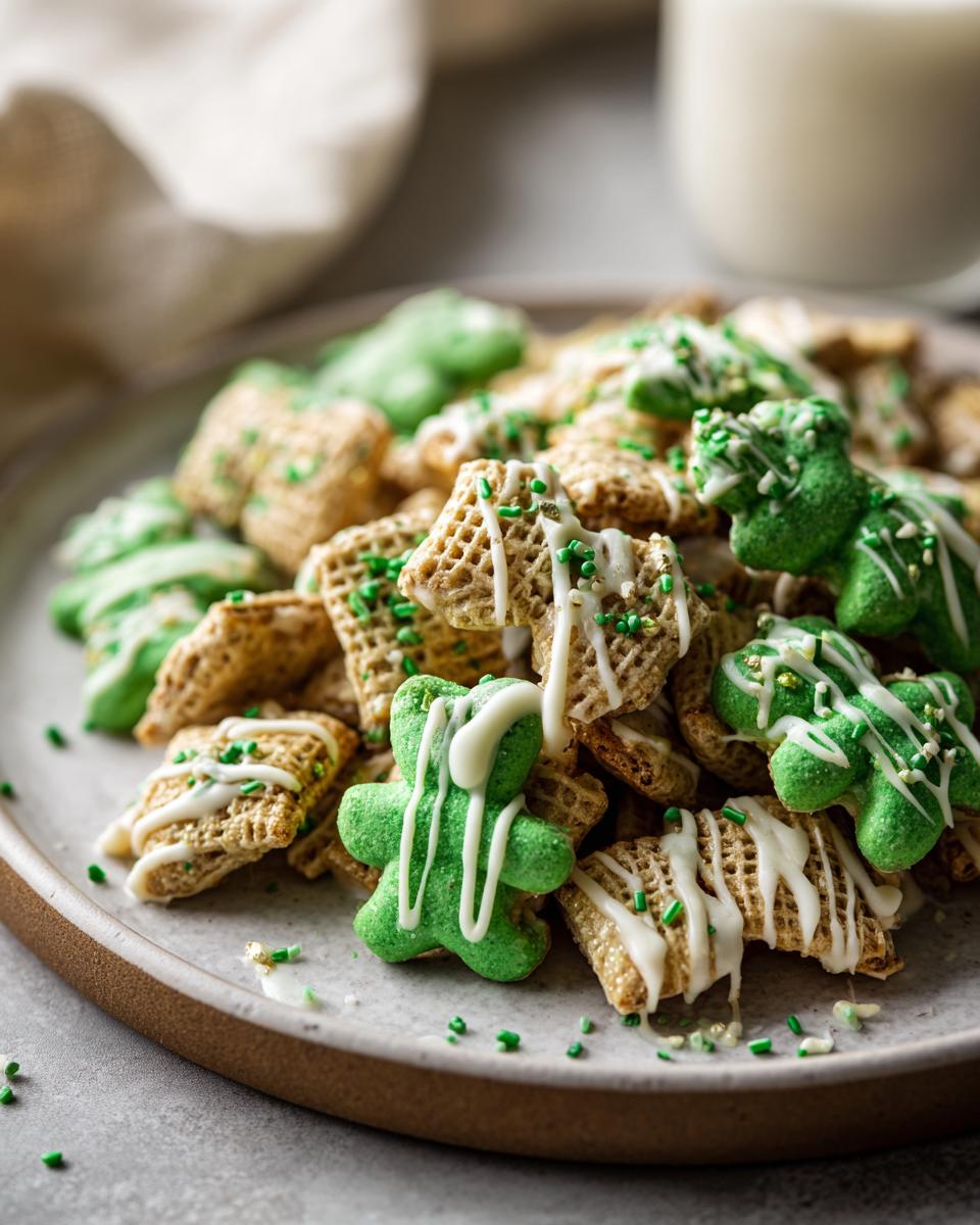 Easy 4-Step St. Patrick’s Day Animal Cracker Mix! 4 Close-up of a plate of St. Patrick's Day Animal Cracker Mix with green and white decorations.