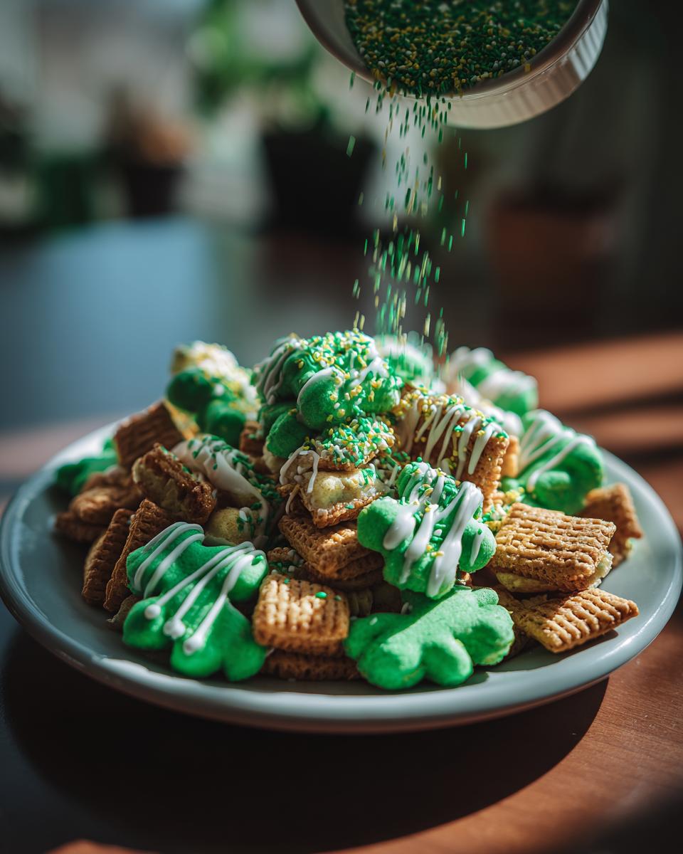 Easy 4-Step St. Patrick’s Day Animal Cracker Mix! 2 Close-up of a plate of St. Patrick’s Day Animal Cracker Mix with green sprinkles being added.