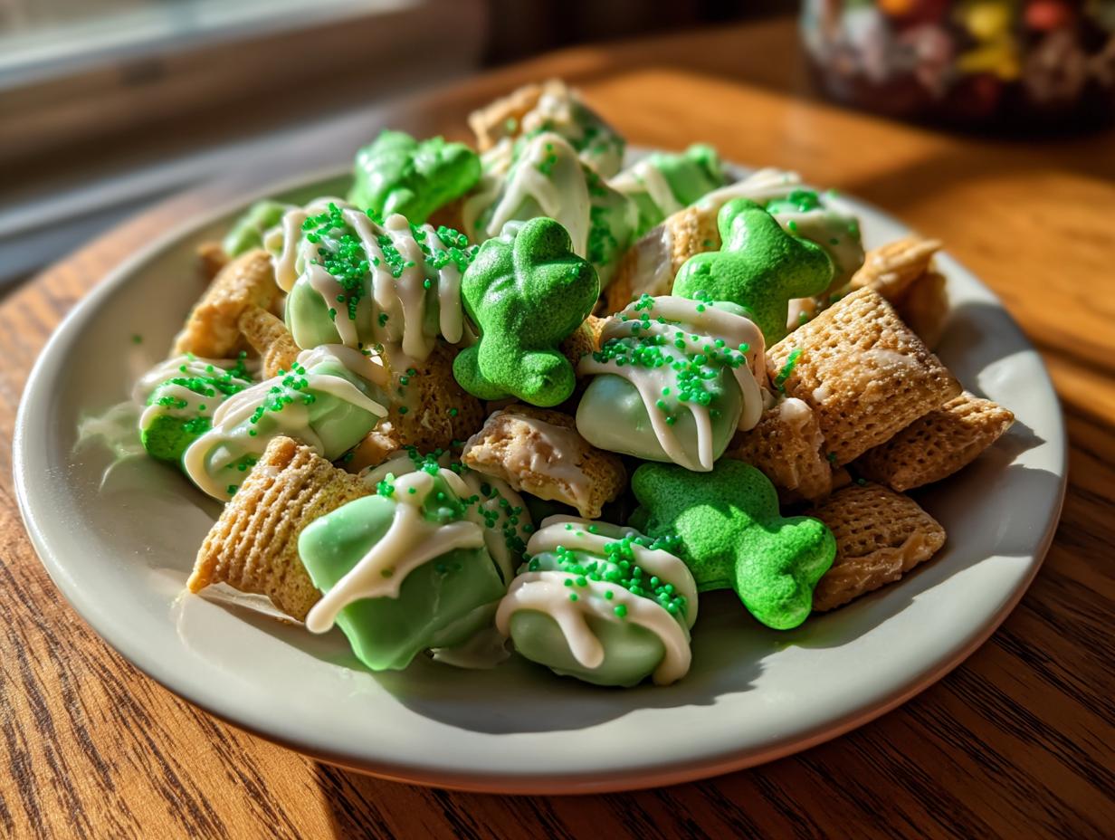 Easy 4-Step St. Patrick’s Day Animal Cracker Mix! 1 Close-up of a plate with St. Patrick's Day Animal Cracker Mix, with green and white decorations.