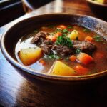 Unbelievable Steak And Potato Soup In 3 Steps! 11 Close-up of a bowl of delicious Steak And Potato Soup with beef, potatoes, and carrots.