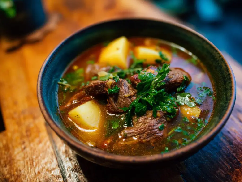 Close-up of a bowl of delicious Steak And Potato Soup, garnished with fresh herbs.
