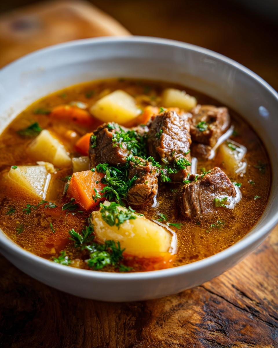 Unbelievable Steak And Potato Soup In 3 Steps! 9 Close-up of a bowl of delicious Steak And Potato Soup with chunks of steak, potatoes, and carrots.