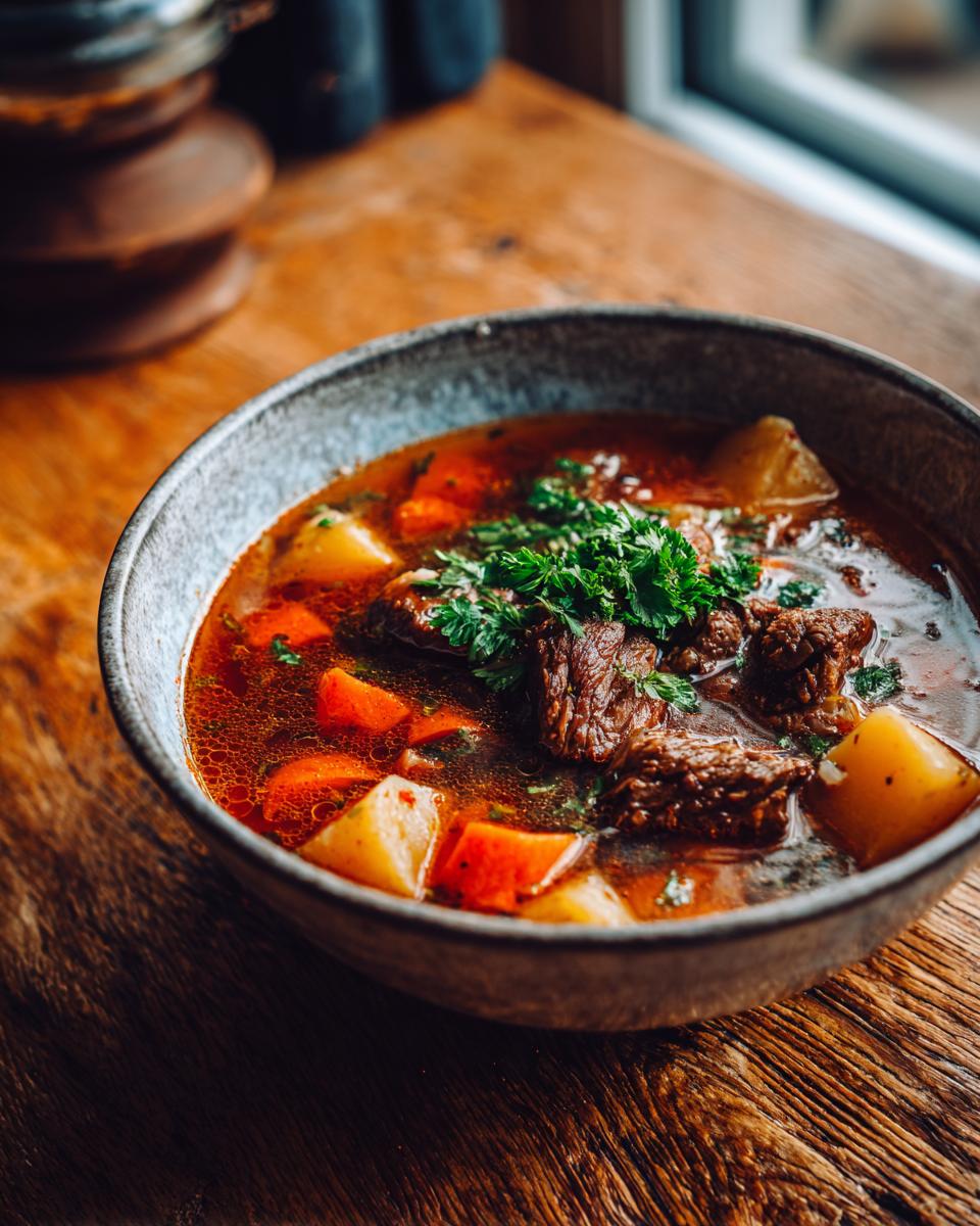 Unbelievable Steak And Potato Soup In 3 Steps! 10 Close-up of a bowl of delicious steak and potato soup with beef, potatoes, and carrots.