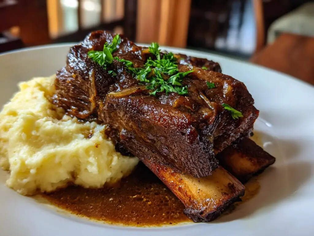 Plate of Stout‑Braised Short Ribs served with creamy mashed potatoes and garnished with parsley.