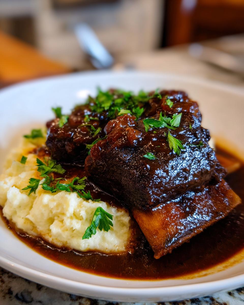 Plate of Stout‑Braised Short Ribs served with creamy mashed potatoes and fresh parsley.