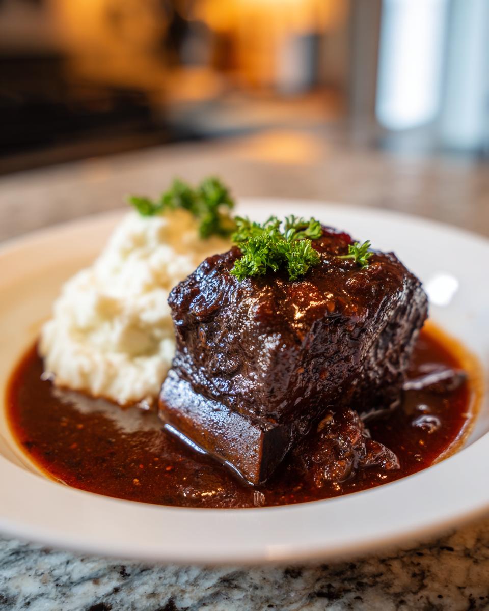 Close-up of a plated Stout‑Braised Short Ribs with mashed potatoes and gravy, garnished with parsley.
