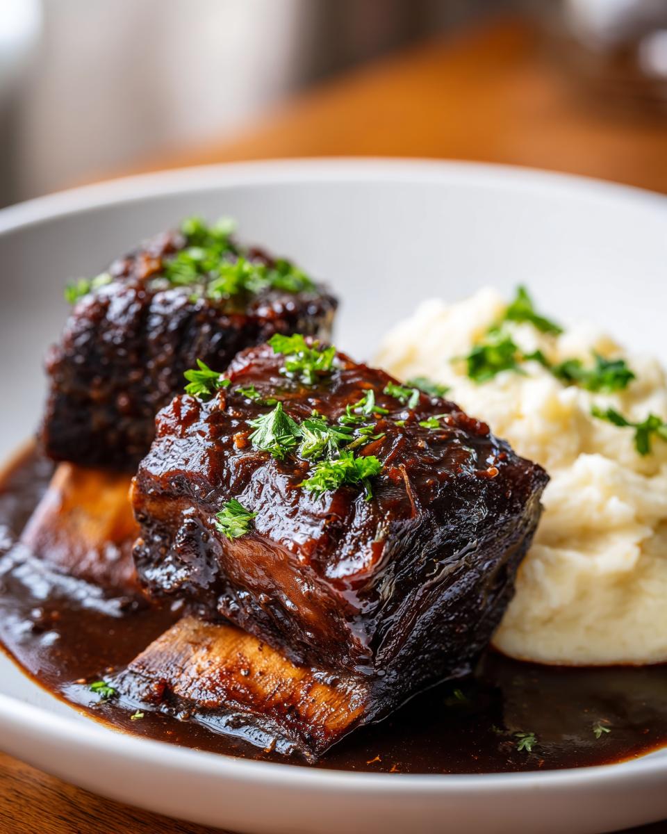 Close-up of Stout-Braised Short Ribs served with mashed potatoes and garnished with parsley.