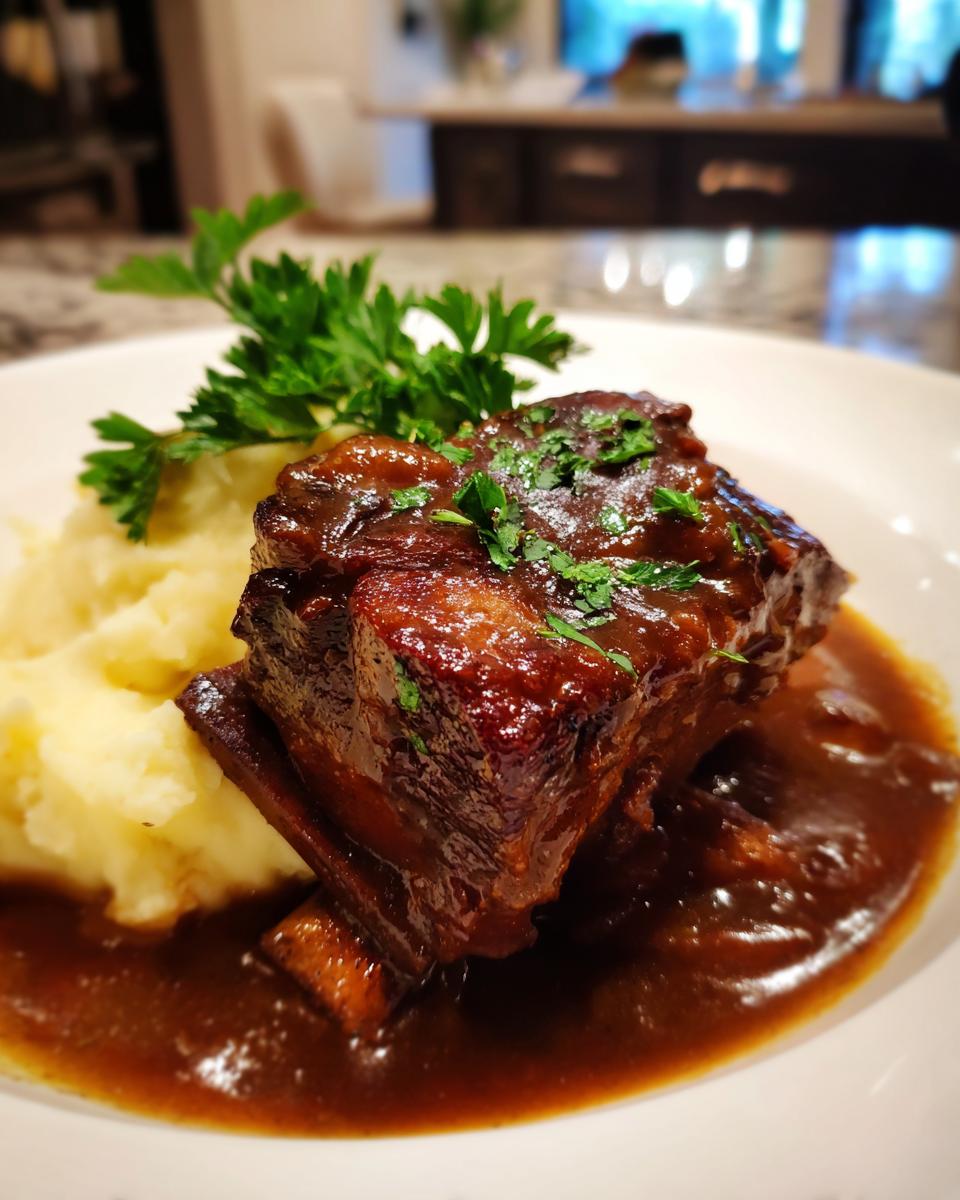 Plate of Stout‑Braised Short Ribs with mashed potatoes and gravy, garnished with parsley.
