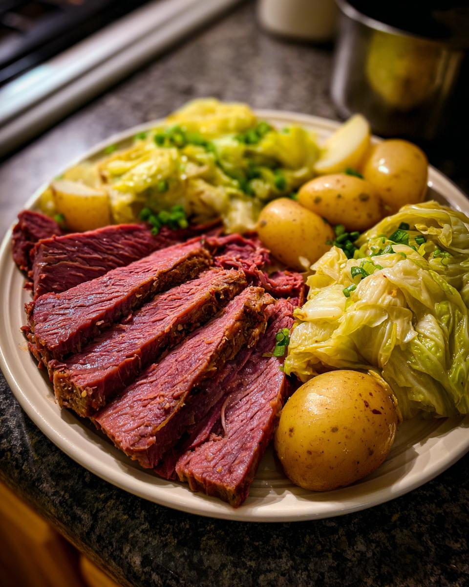 A plate of Traditional Corned Beef and Cabbage Platter with potatoes and cabbage.