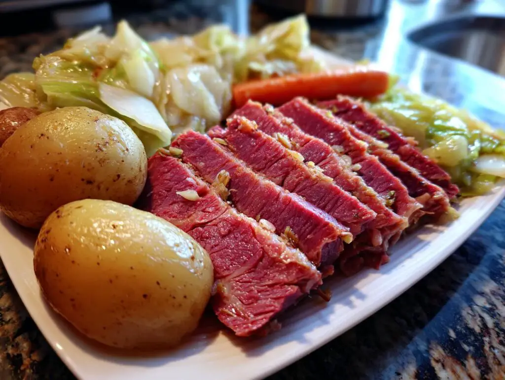 A platter of Traditional Corned Beef and Cabbage, including sliced corned beef, cabbage, potatoes, and carrots.