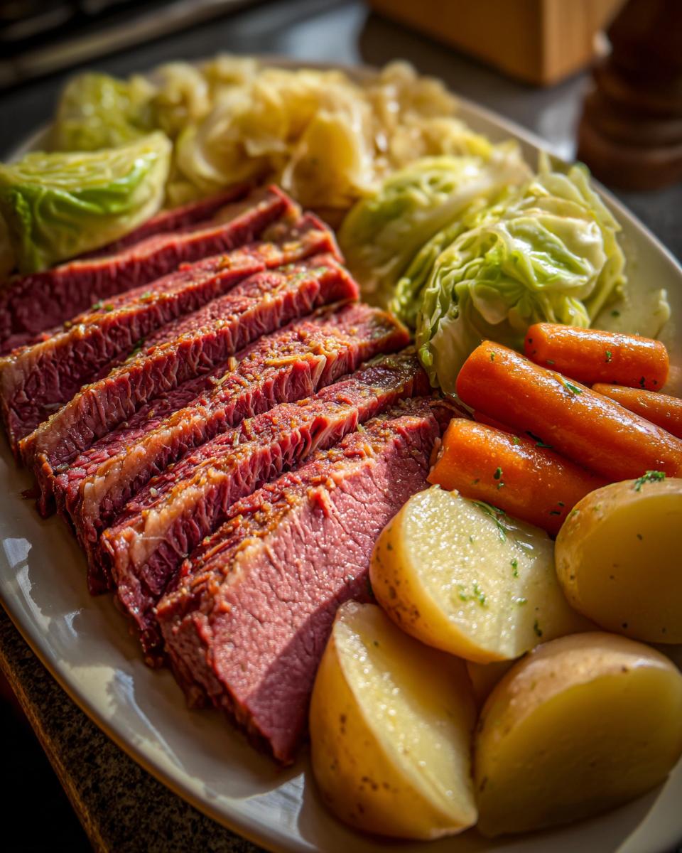 A platter of Traditional Corned Beef and Cabbage with carrots and potatoes.
