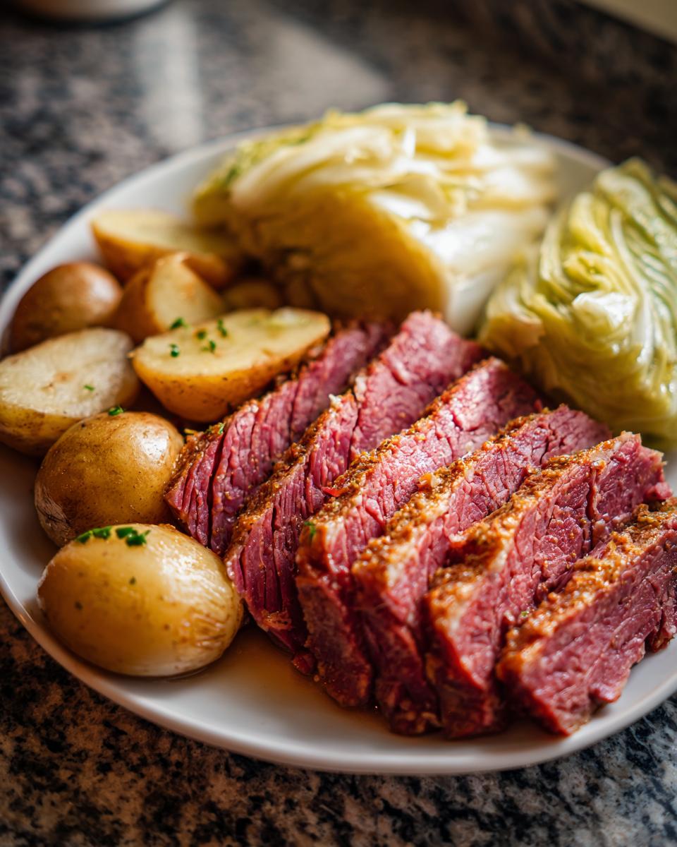 A plate with Traditional Corned Beef and Cabbage Platter, including corned beef, cabbage, and potatoes.