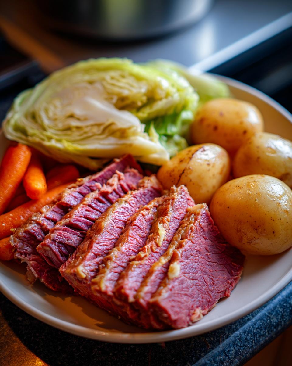 A plate of Traditional Corned Beef and Cabbage with potatoes and carrots.