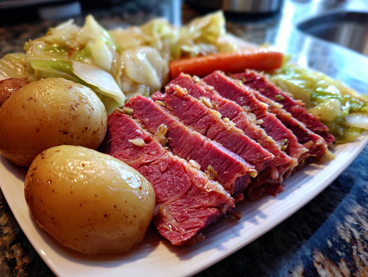 A platter of Traditional Corned Beef and Cabbage, including sliced corned beef, cabbage, potatoes, and carrots.