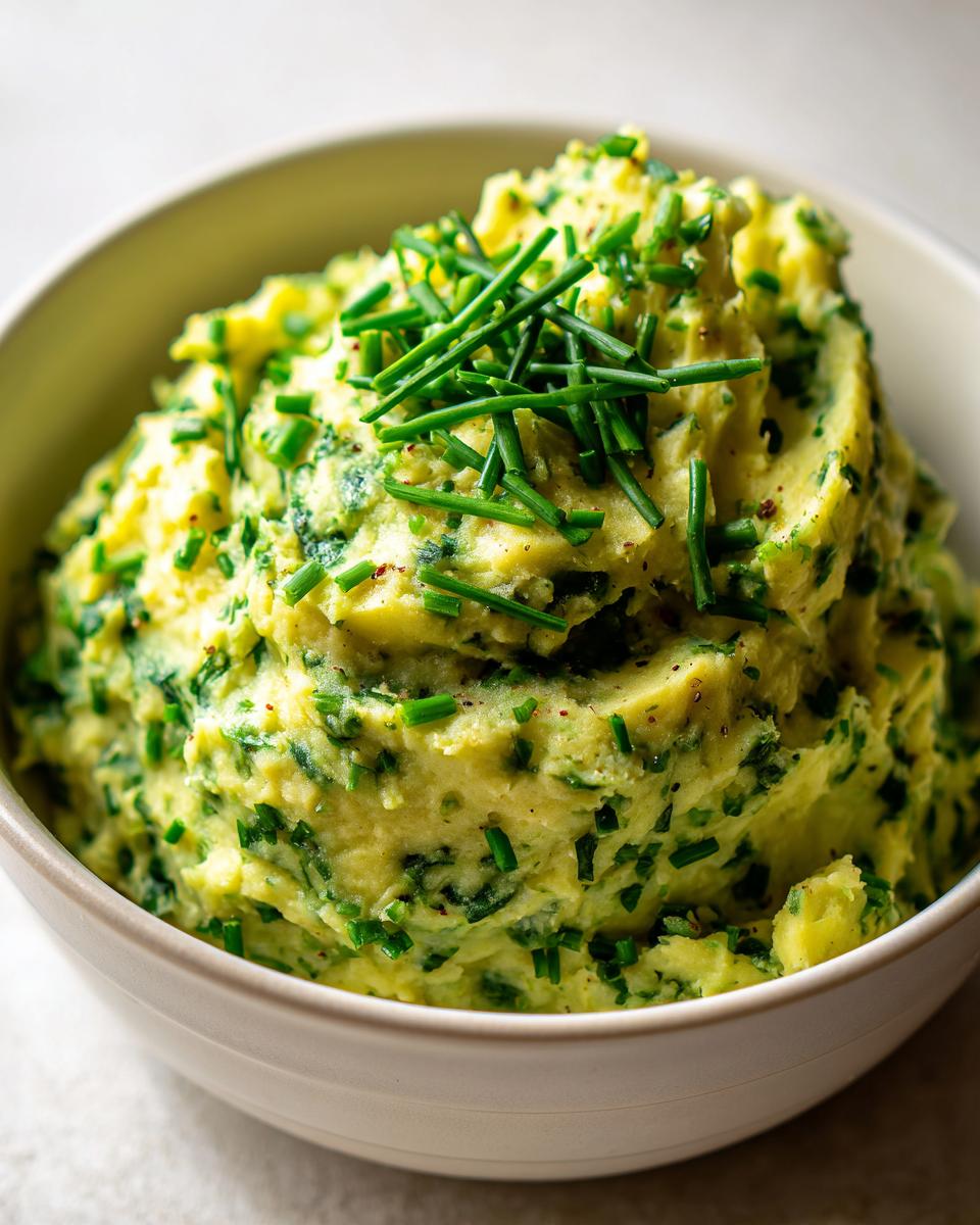 Unbelievably Easy Vegetarian Colcannon Soup in 3 Steps 2 Close-up of a bowl filled with creamy Vegetarian Colcannon Soup, garnished with fresh chives.