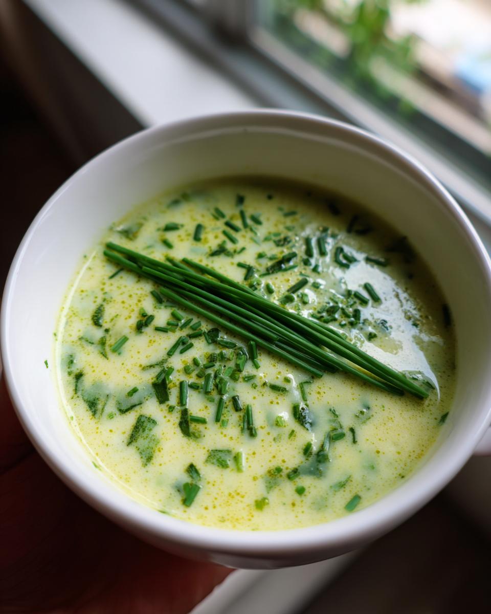 Unbelievably Easy Vegetarian Colcannon Soup in 3 Steps 4 Close-up of a bowl of creamy Vegetarian Colcannon Soup, garnished with fresh chives.