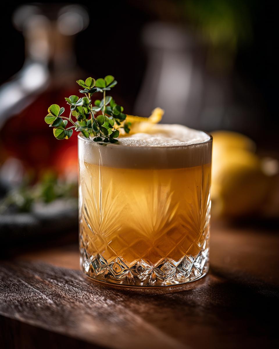 Delightful: 3-Step Whiskey Sour with Clover Garnish 2 A refreshing Whiskey Sour with Clover Garnish, beautifully presented in a rocks glass.