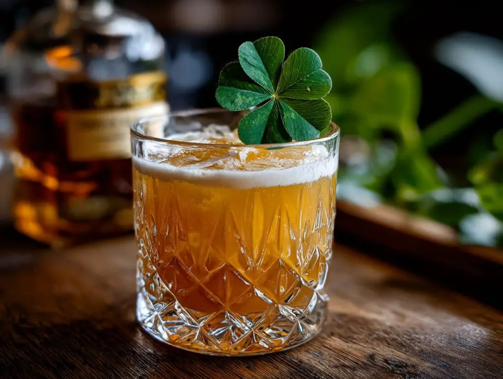 Close-up of a Whiskey Sour with Clover Garnish, served in a crystal glass on a wooden surface.
