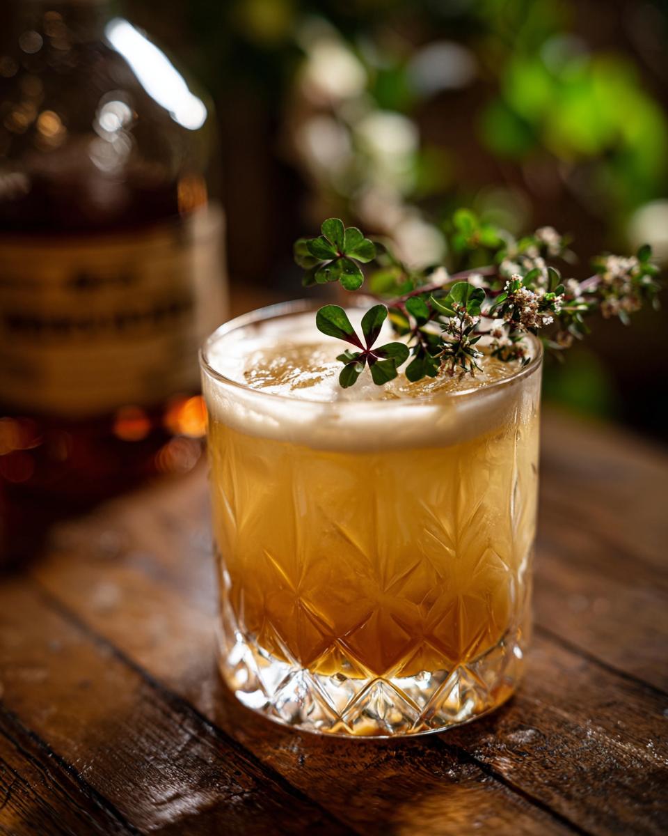 Delightful: 3-Step Whiskey Sour with Clover Garnish 4 Close-up of a Whiskey Sour with Clover Garnish, beautifully presented in a rocks glass.