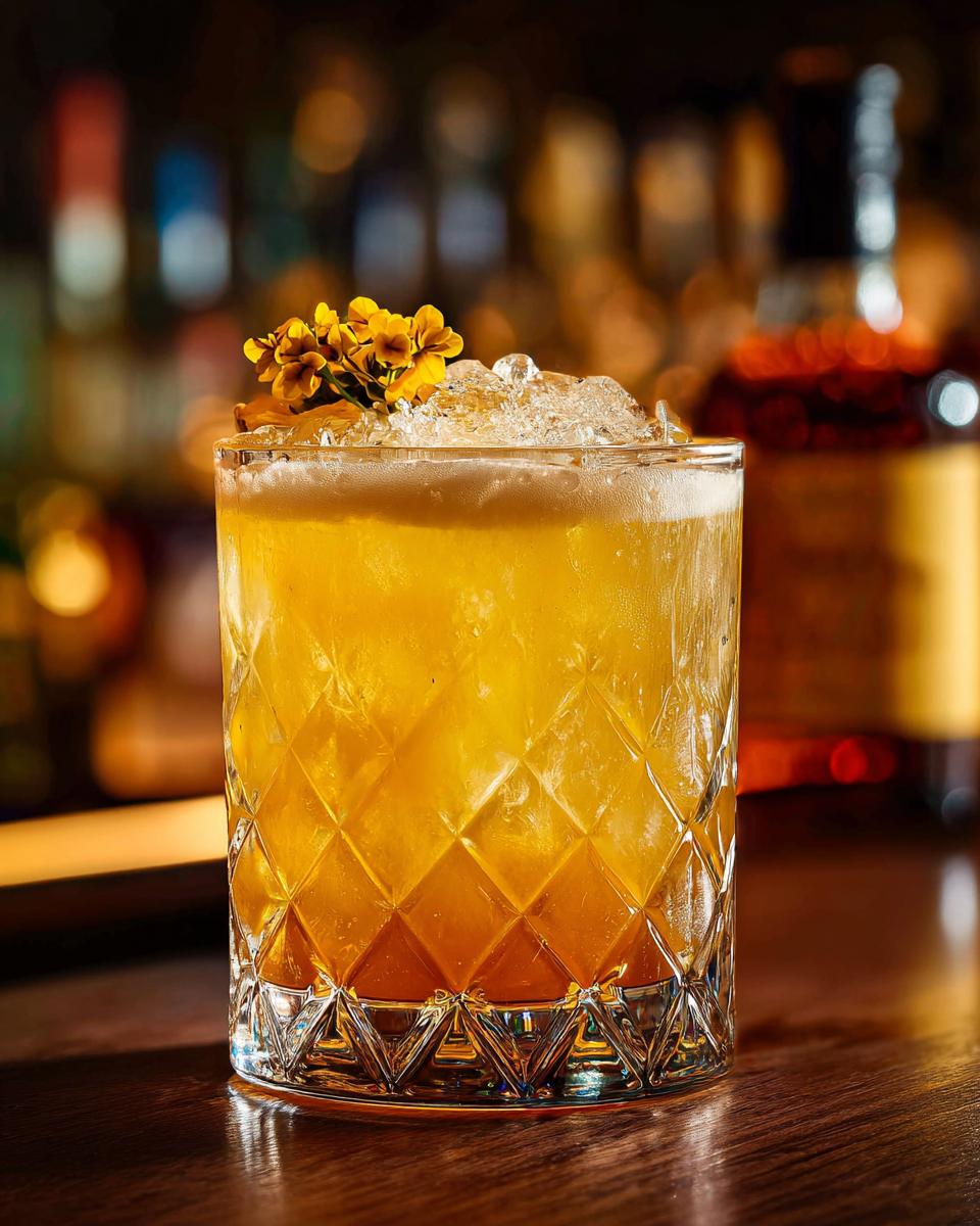 Delightful: 3-Step Whiskey Sour with Clover Garnish 5 A refreshing Whiskey Sour with Clover Garnish in a crystal glass, garnished with flowers.
