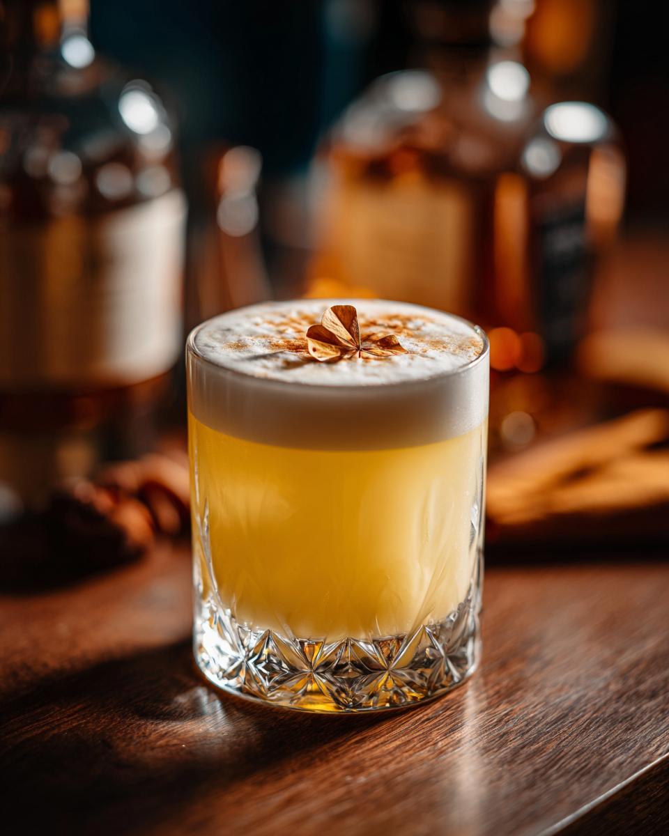 Delightful: 3-Step Whiskey Sour with Clover Garnish 3 Close-up of a Whiskey Sour with Clover Garnish in a crystal glass, on a wooden surface.