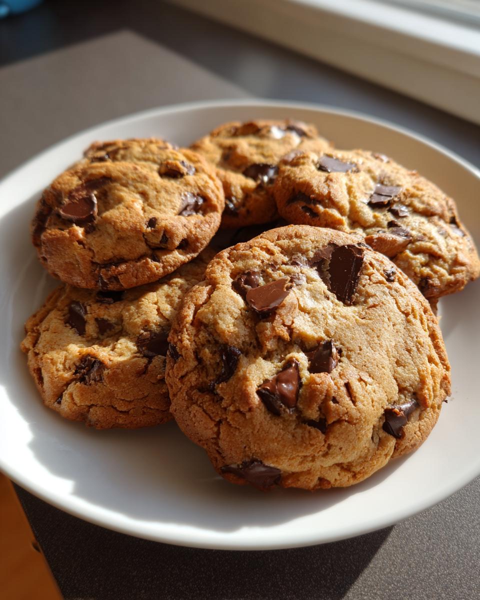 Pile of chocolate chip cookies, the most addictive dessert, on a white plate.