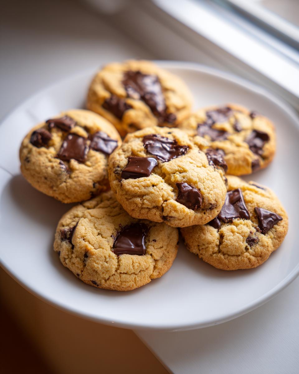 Close-up of several chocolate chip cookies on a white plate, the most addictive dessert.