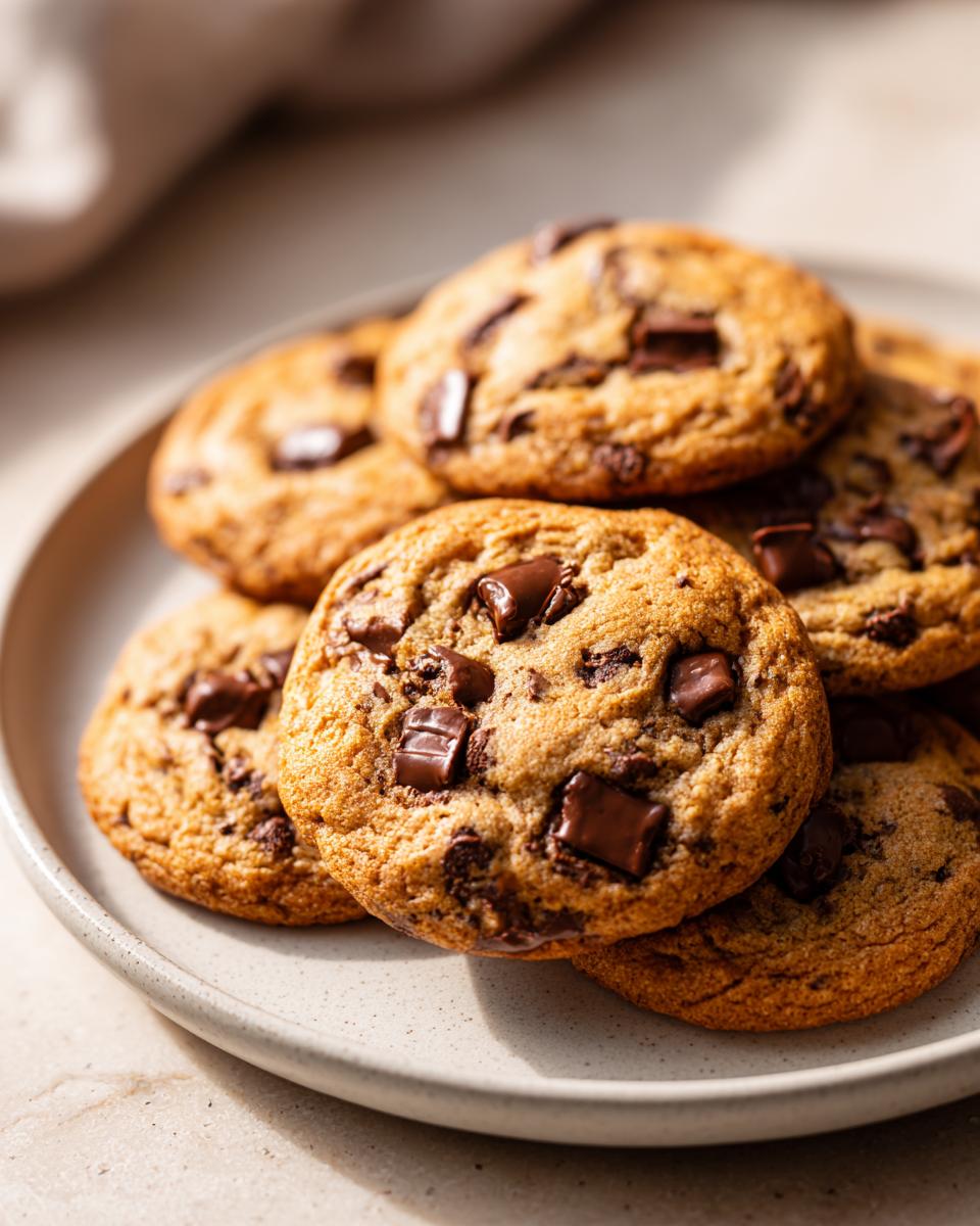 Close-up of a plate of chocolate chip cookies, the most addictive dessert.