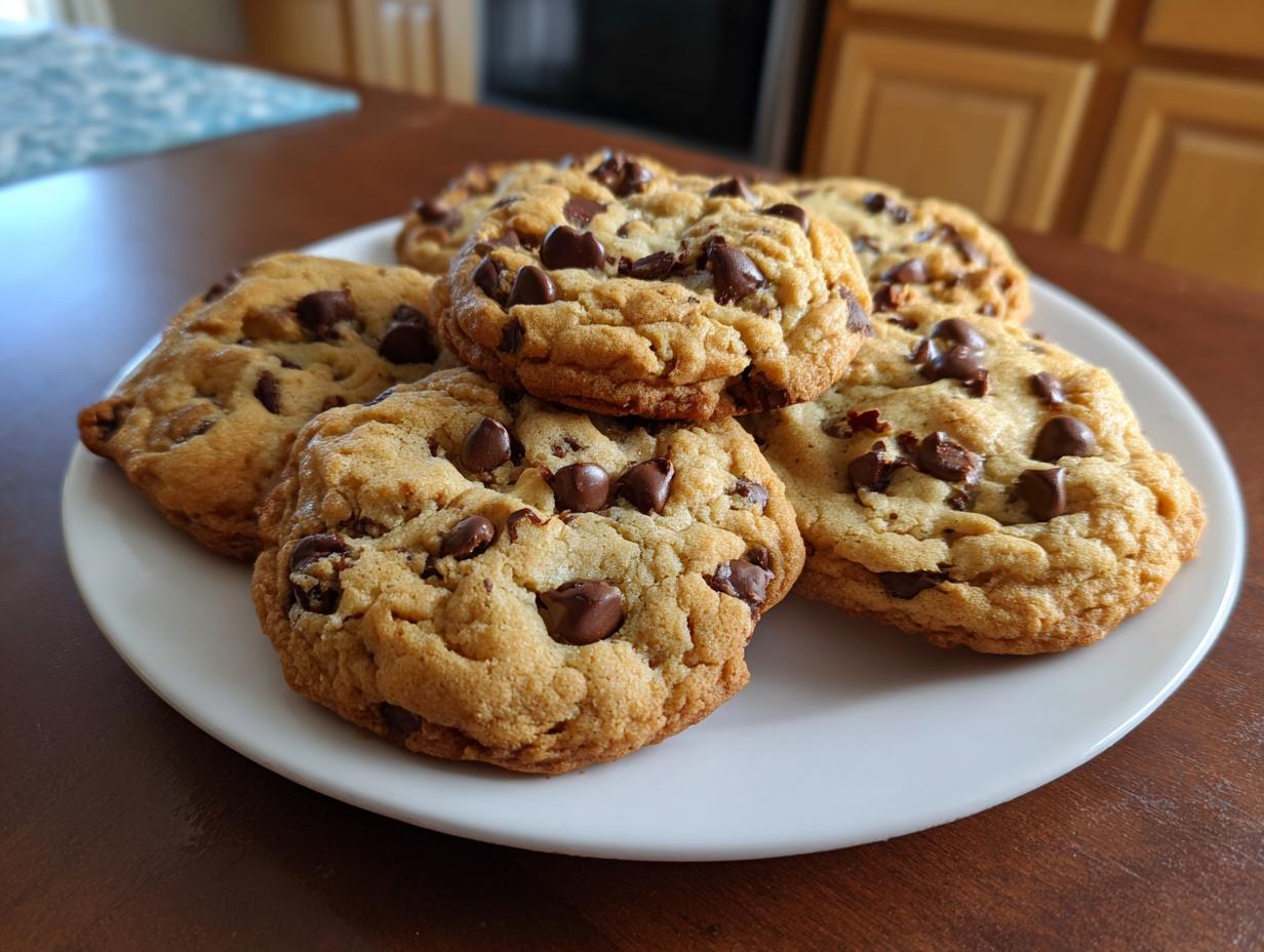 A plate of freshly baked chocolate chip cookies, the most addictive dessert.