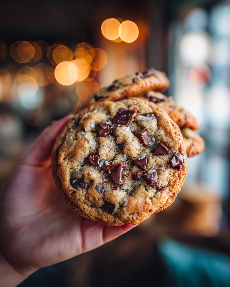 Hand holding a stack of bakery-style chocolate chip cookies, perfect for making cookies that taste amazing!