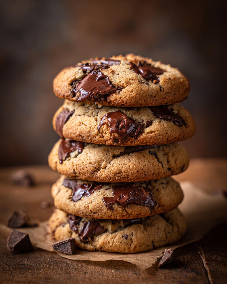 A stack of four delicious chocolate chip cookies, that tastes like it came from a bakery.