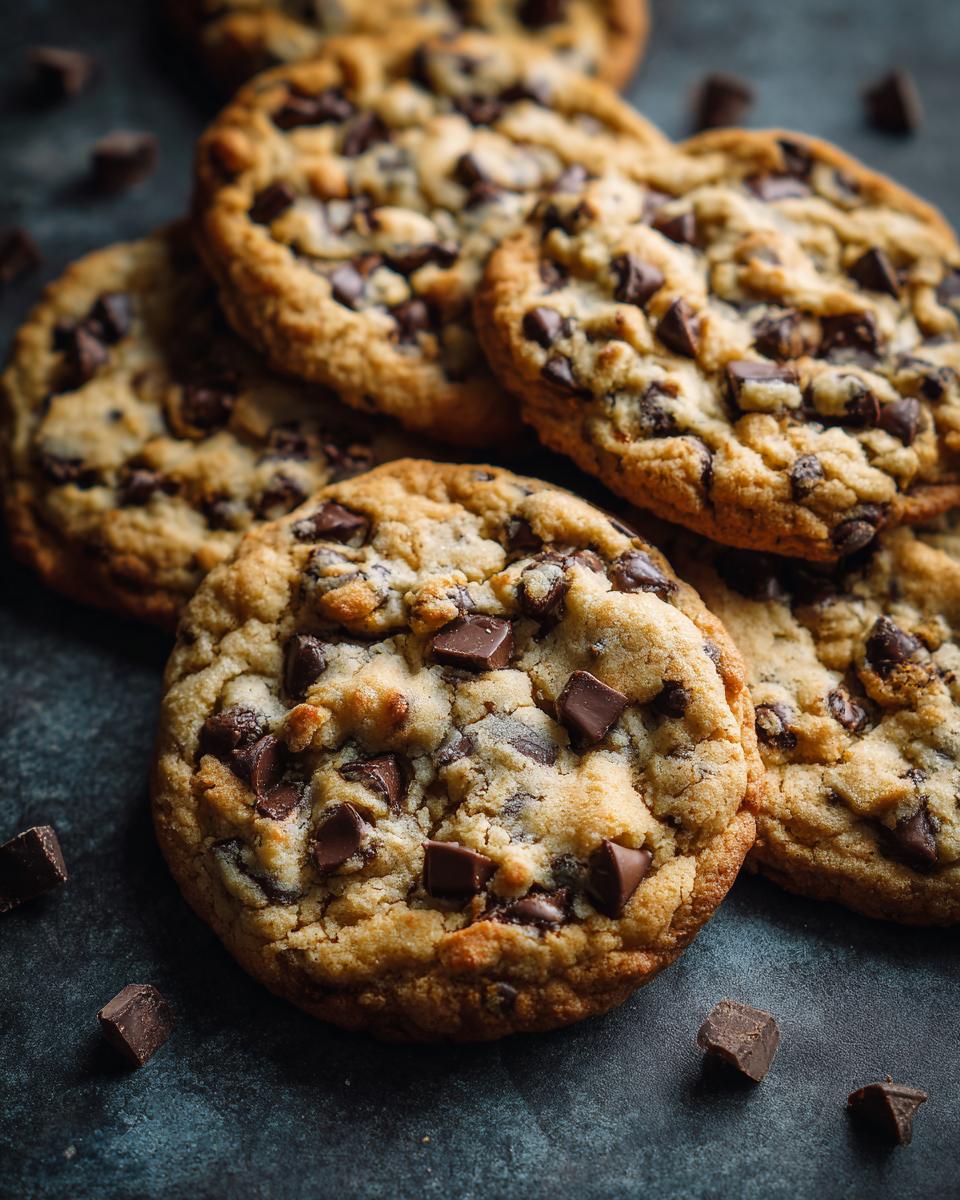 Close-up of a stack of chocolate chip cookies, made to taste like they came from a bakery.