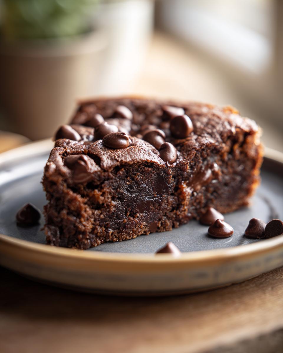 Close-up of a brownie slice with chocolate chips, a quick dessert that disappears in minutes.