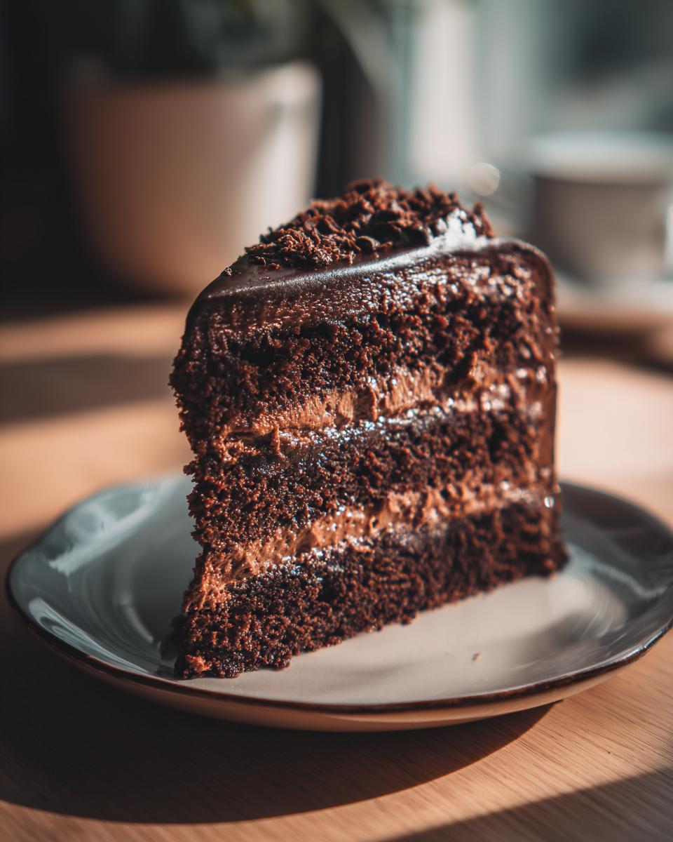 A delicious slice of chocolate cake, a true This Is What Chocolate Lovers Dream Of.