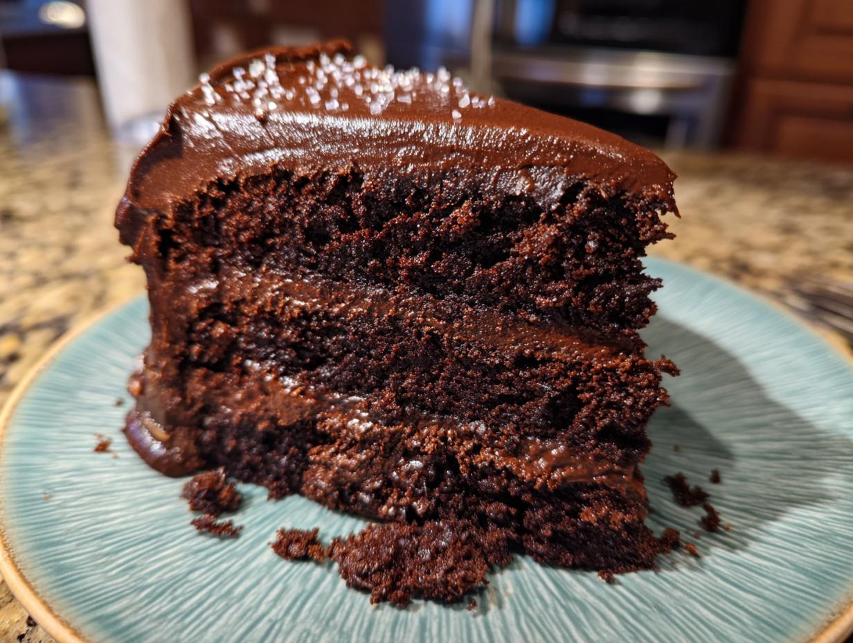A slice of rich chocolate cake, a chocolate lovers dream, on a blue plate.