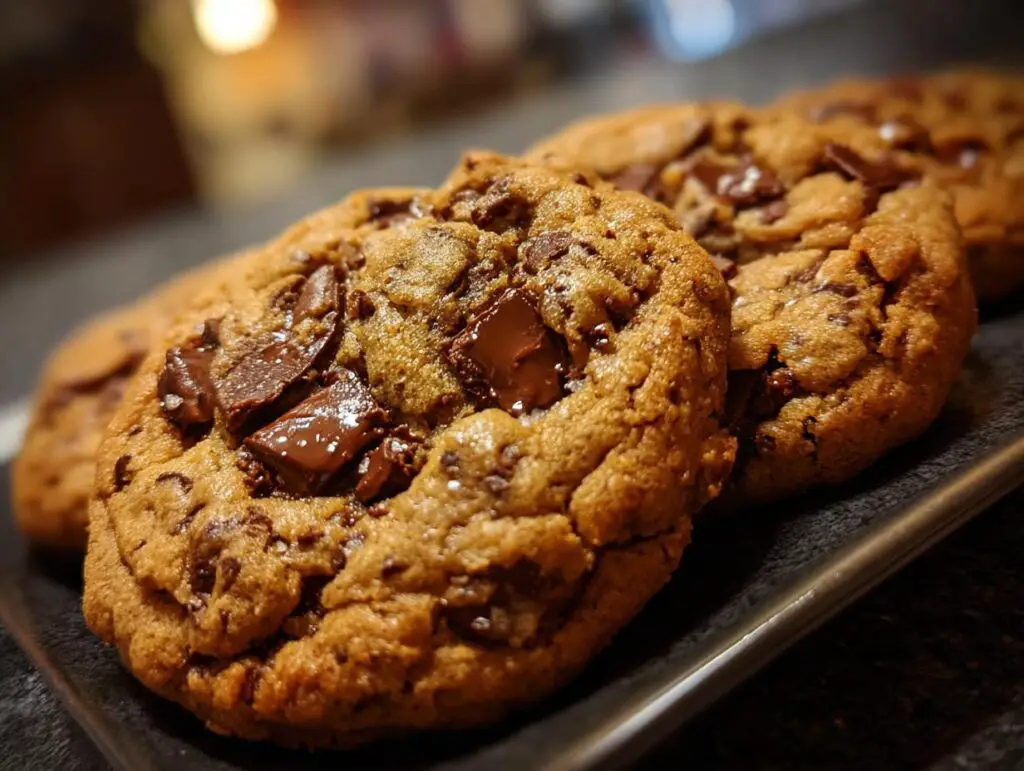 Close-up of freshly baked chocolate chip cookies, a dessert that brings back childhood memories.