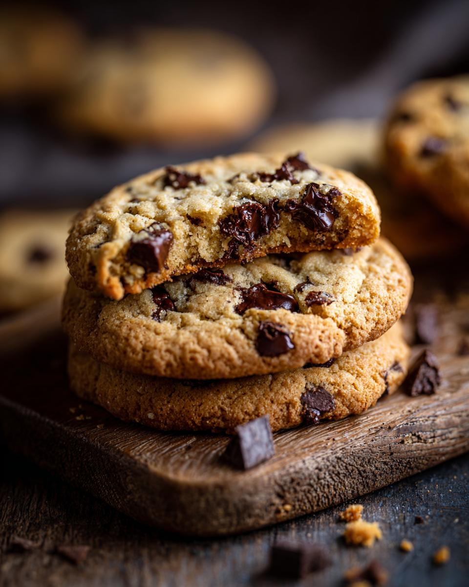 Close-up of a stack of chocolate chip cookies, evoking childhood memories.